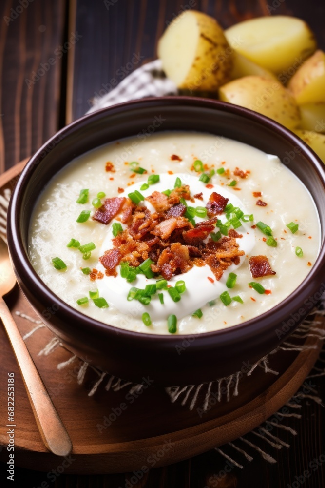 A creamy and comforting potato soup with bits of crispy bacon and a dollop of sour cream on top A creamy and comforting potato soup with bits of crispy bacon and a dollop of sour cream on top
