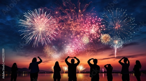 A colorful photo of fireworks bursting in the sky, with a silhouette of people watching in the foreground