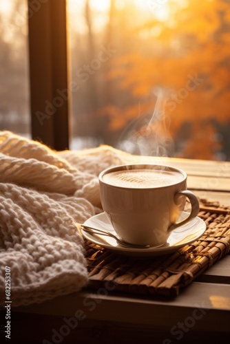A cup of steaming hot coffee sits on a wooden table next to a cozy knit blanket