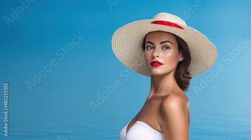 Photography of attractive woman wearing red lipstick, white swimsuit and straw hat, isolated on blue background with AI photo