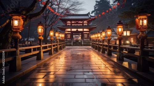 A beautiful landscape photo of a temple or shrine decorated with lanterns and other festive decorations photo