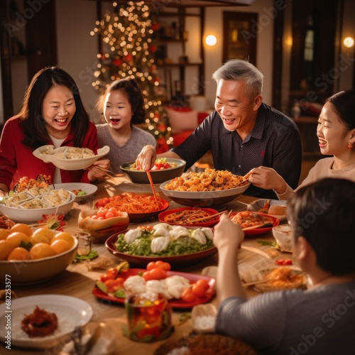 A family gathered around a table, enjoying a traditional Chinese New Year feast featuring dumplings