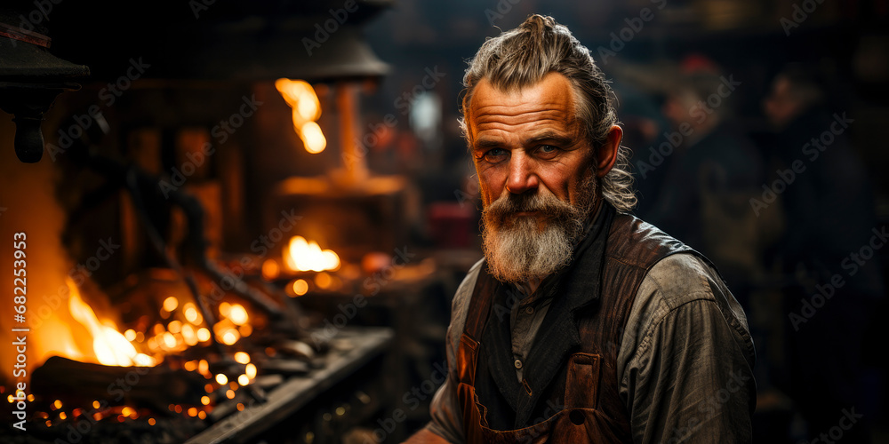 portrait of a middle aged blacksmith in his workshop with blurred background
