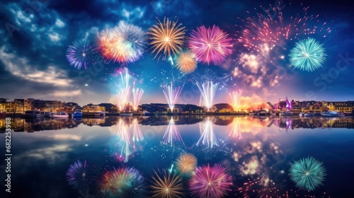 view of fireworks lighting up the sky above a river, with the reflection of the colors on the water