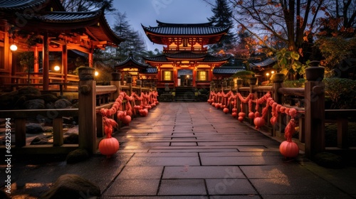 A beautiful landscape photo of a temple or shrine decorated with lanterns and other festive decorations