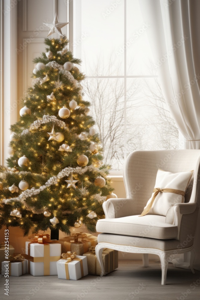 A cozy living room with a decorated Christmas tree and a comfortable armchair