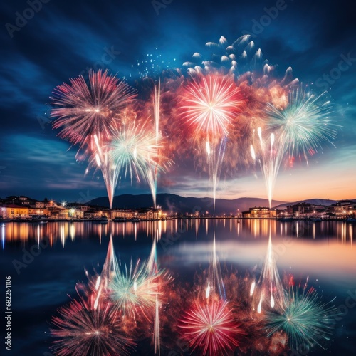 view of fireworks lighting up the sky above a river  with the reflection of the colors on the water
