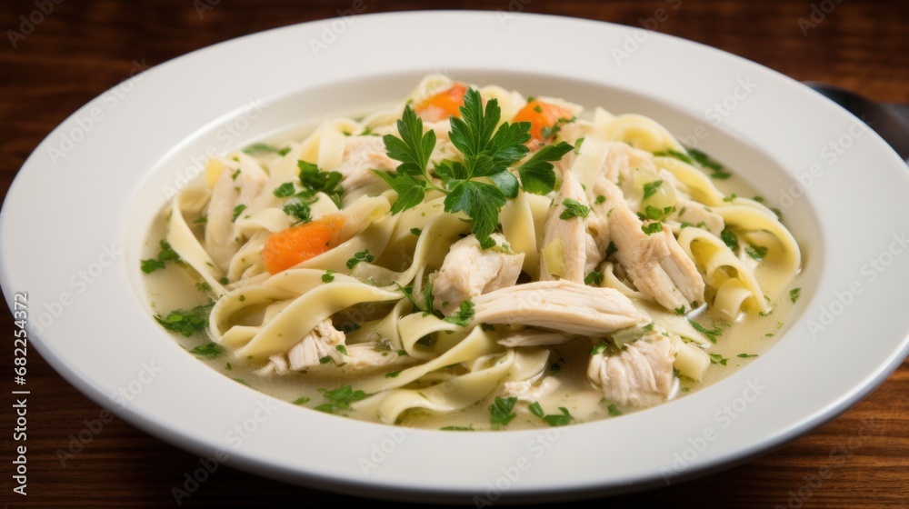 A classic chicken noodle soup with tender chunks of chicken A classic chicken noodle soup with tender chunks of chicken