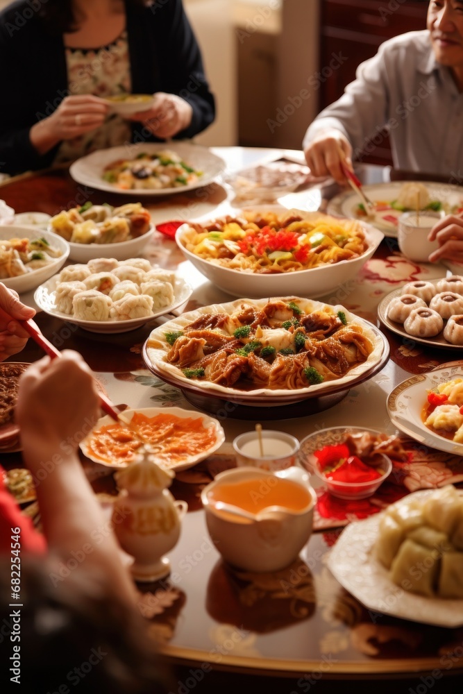 A family gathered around a table, enjoying a traditional Chinese New Year feast featuring dumplings