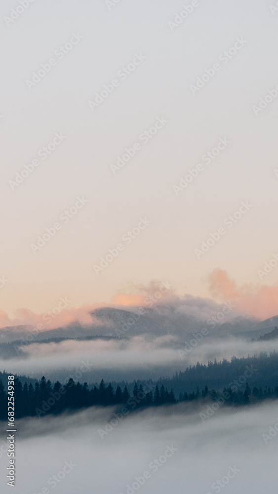 Photo of a picturesque landscape overlooking mountain forests. Dawn in the mountains. Fog covering everything around. Travel to quiet and serene places. Can be used as banner background, wallpaper.