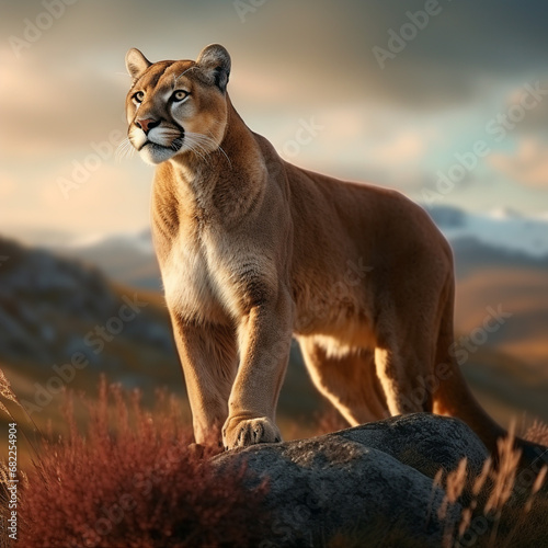 The puma stands proudly in Patagonia. detailed. cinematic. Unusual background. Beautiful nature.