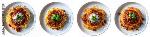 Spaghetti bolognese on white plate, top view, isolated on transparent background, generative ai  photo