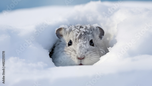 A lemming looking around in the white snow of the tundra with only its face exposed. photo