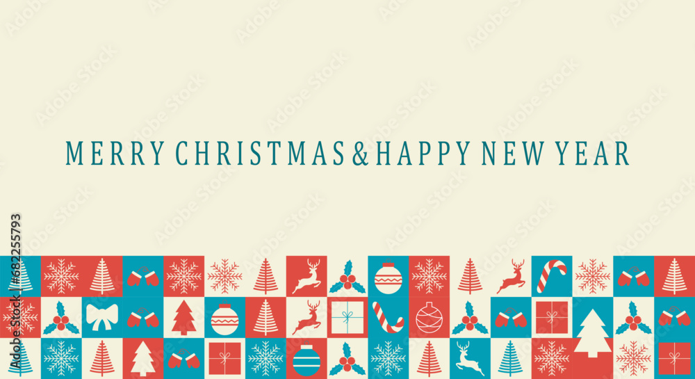 Merry Christmas and Happy New Year banner template. Holiday mosaic poster with winter decorations. Vector illustration. Merry Christmas and Happy New Year banner template. Holiday mosaic poster with winter decorations. Vector illustration.