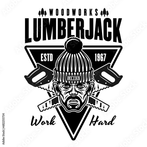 Lumberjack head in knitted hat and saw vector emblem in vintage monochrome style isolated on white background