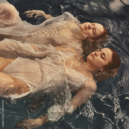 Portrait of two girls in white on the surface of the water