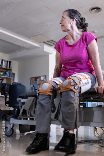 Vertical photo of a middle aged brunette woman sitting on hospital gurney with prosthesis to help her to walk on both legs. She is looking away.