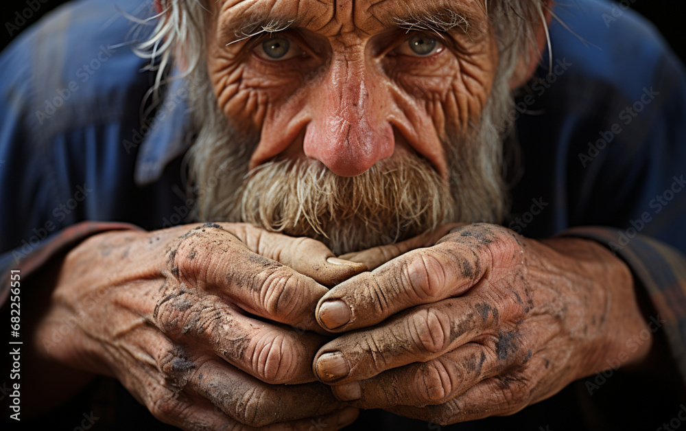 stary mężczyzna z brodą, wąsami, pomarszczoną twarzą zmęczony, poważny siedzi przy stole trzymając razem dłonie - obrazy, fototapety, plakaty 