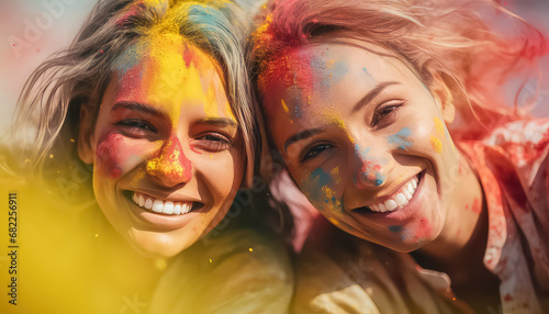 Two women hugging in colors , happy holi indian concept
