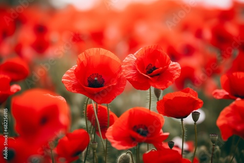 Red poppy flower field symbol for remembrance of death. Eternal peace