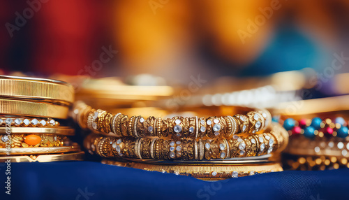 Traditional jewelry made of gold and precious stones , happy holi indian concept photo