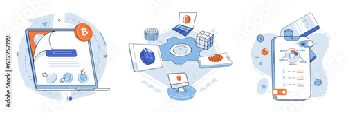 Defi vector illustration. The DeFi metaphor visualizes financial ecosystem as decentralized network interconnected nodes Currency in form cryptocurrencies is reshaping global financial landscape