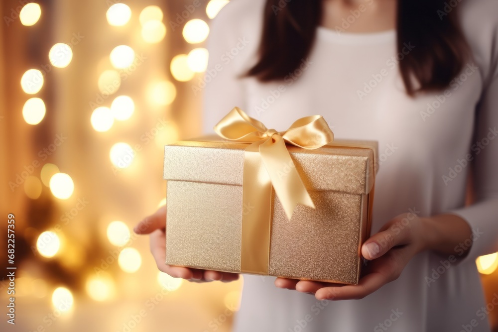 Woman is giving a gift box on Christmas Eve close-up Woman is giving a gift box on Christmas Eve close-up