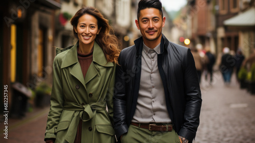 Urban asian modern adult love couple walking romantic talking talking, holding hands on a date. Happy couple having shopping on old european street