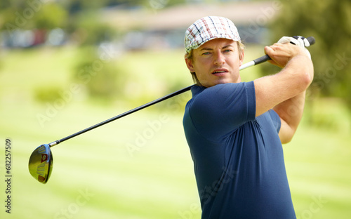 Sports, swing and man on golf course with club for playing game, practice and training for competition. Professional golfer, grass and person with golfing driver for winning with hit, stroke or score