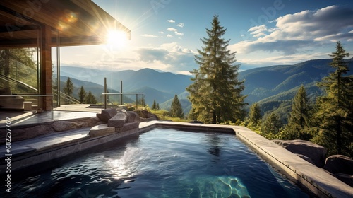 Luxurious jacuzzi in a mountain hotel overlooking the forest and mountain landscape. AI Generation photo
