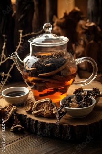 A close-up shot of teabags and assorted dried mushrooms arranged on a rustic wooden surface. A glass tea canister and cup emit swirls of steam, indicating freshly brewed mushroom tea