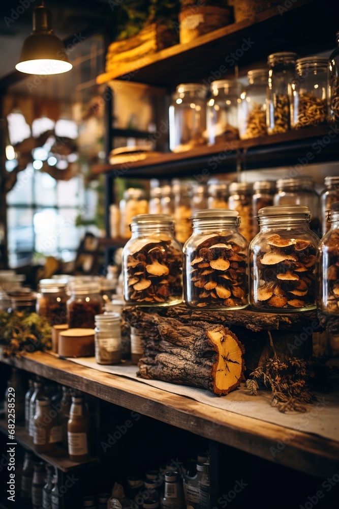 A cozy herbal boutique with a vintage vibe, where shelves are adorned with antique jars filled with various types of dried mushrooms