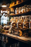 A cozy herbal boutique with a vintage vibe, where shelves are adorned with antique jars filled with various types of dried mushrooms