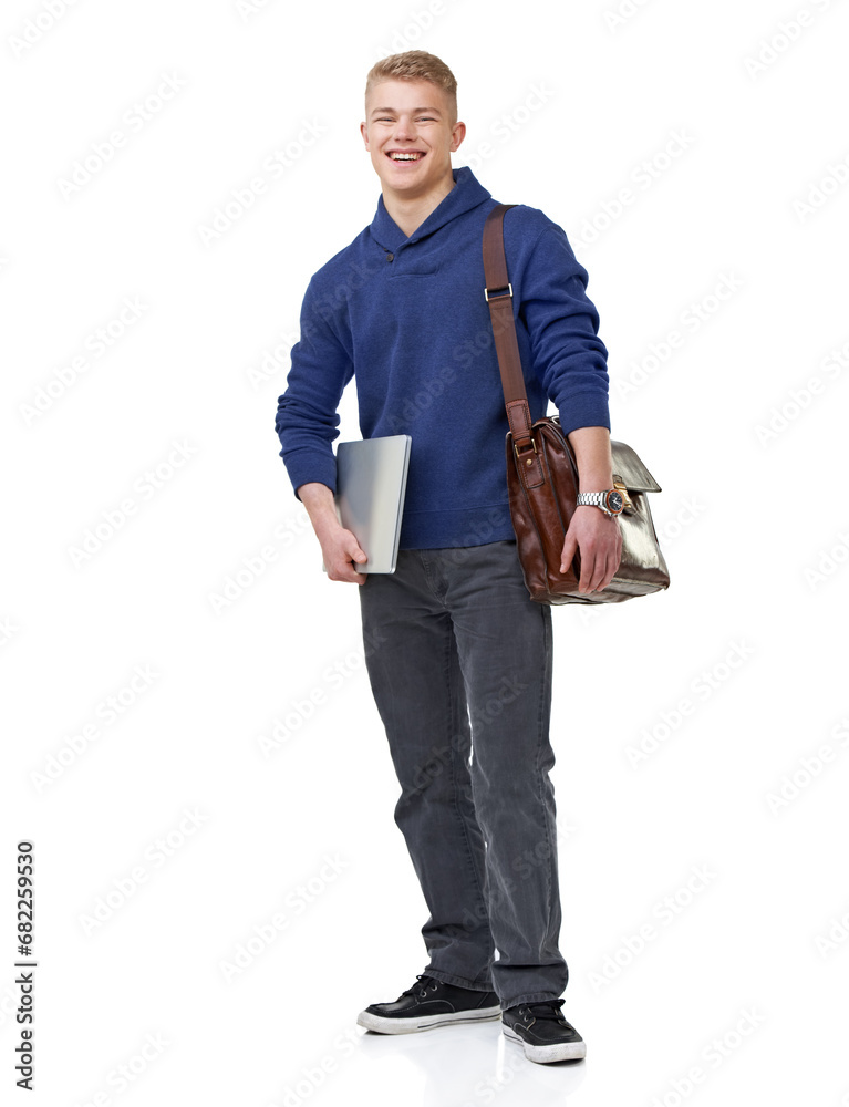 Briefcase, laptop and portrait of man in studio with elegant, stylish and fancy outfit. Fashion, computer and happy young male model with cool and modern student style isolated by white background. Briefcase, laptop and portrait of man in studio with elegant, stylish and fancy outfit. Fashion, computer and happy young male model with cool and modern student style isolated by white background.