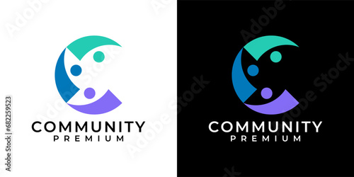 Letter C logo design vector template. Initial letter C community group logo. Three people forming letter C logo for business, discussion, together, union.