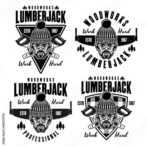 Lumberjack head in knitted hat set of vector emblems in vintage monochrome style isolated on white background