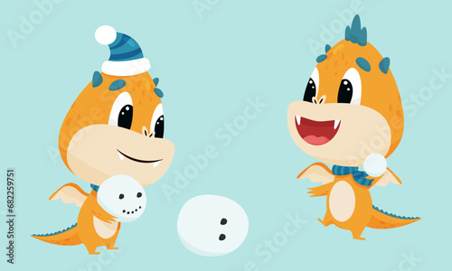Little cute dragon plays snowballs and makes a snowman