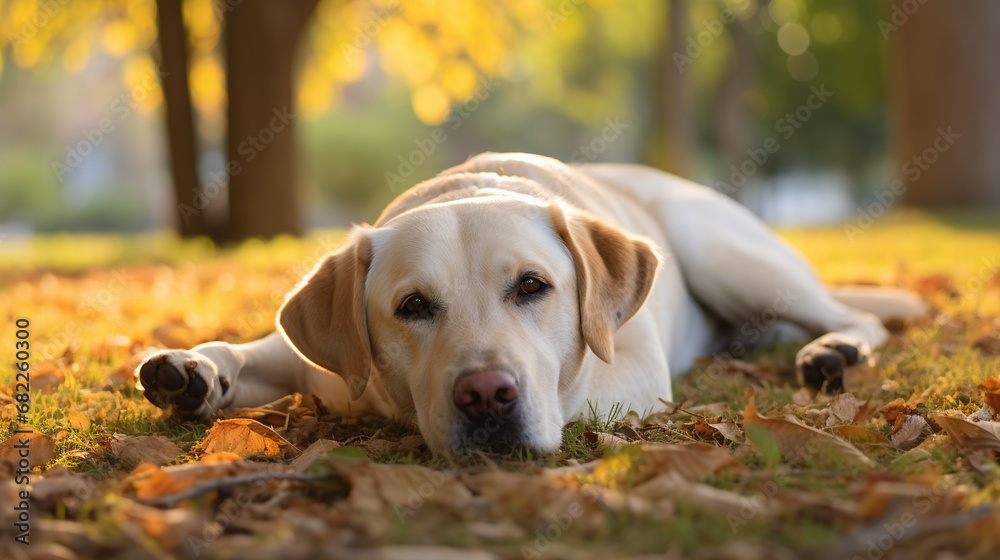Labrador Retriever dog lying on the ground in the park