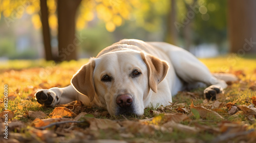 Labrador Retriever dog lying on the ground in the park © Boraryn