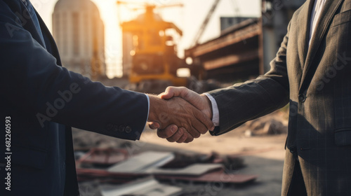 a Businessman and engineer handshaking at construction site.