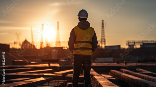 A construction engineer supervising progress of construction project stand on new concrete floor.