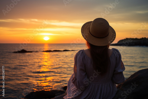 seated from the back on a girl in a hat at sunset over the sea