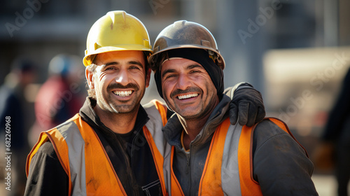 A happy construction workers wearing uniforms on construction site.