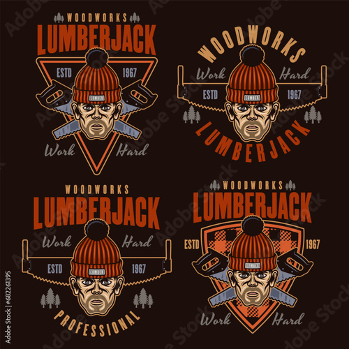 Lumberjack head in knitted hat set of vector emblems in colored style on dark background
