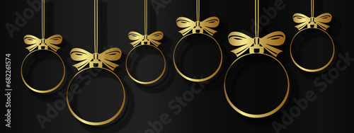Merry Christmas ornaments decoration holiday celebration greeting card banner vector long - Gold papercut silhouette of golden metallic christmas baubles, isolated on black background with gradient