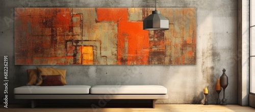 In the corner of the room, an abstract illustration adorned the vintage wall, with a textured design that exuded an old industrial feel, blending grunge and art. The orange and red hues danced across