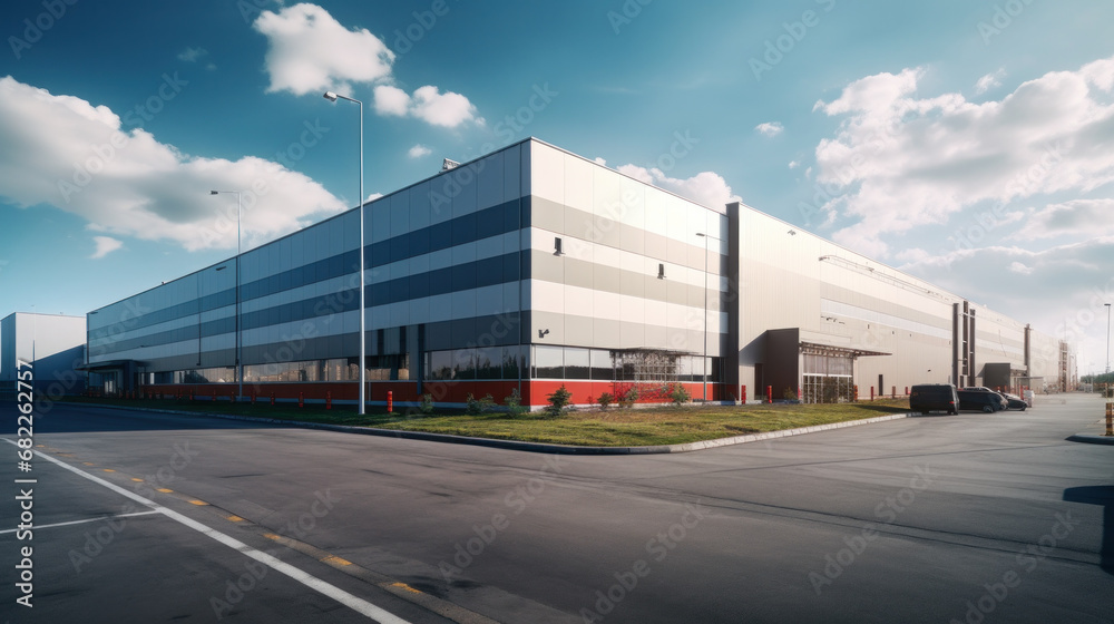 Industrial building or modern factory for manufacturing production plant or large warehouse.