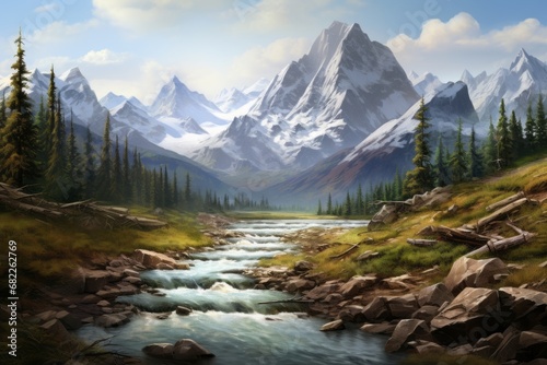 A Majestic Mountain Landscape With a Serene Stream Flowing Through It © Marius