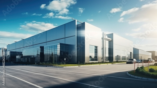 Industrial building or modern factory for manufacturing production plant or large warehouse.