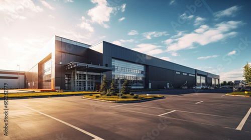 Industrial building or modern factory for manufacturing production plant or large warehouse.